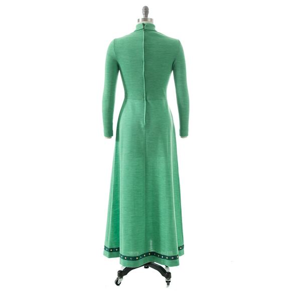 Vintage 1970s Sweater Dress 70s Studded Knit Green Turtleneck Fit Flare Maxi - Picture 4 of 9